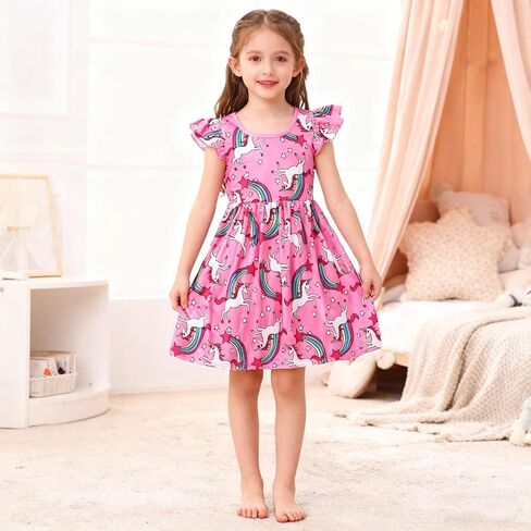 Girls Unicorn Dress Skirt Flutter Short Sleeve Sundress Kids Casual Twirly Dresses in Saudi Arabia