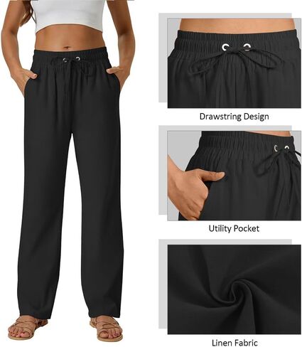 Women's Linen Drawstring Pants - High Waist Loose Fit with Side Pockets in Saudi Arabia
