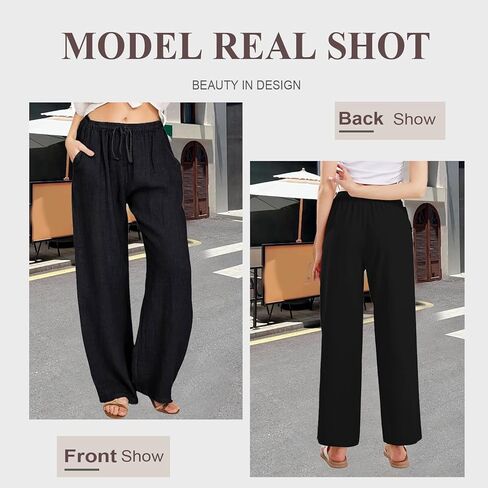 Women's Linen Drawstring Pants - High Waist Loose Fit with Side Pockets in Saudi Arabia