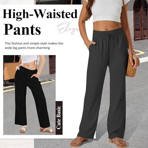 Women's Linen Drawstring Pants - High Waist Loose Fit with Side Pockets in Saudi Arabia