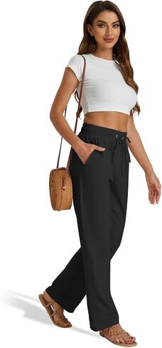 Women's Linen Drawstring Pants - High Waist Loose Fit with Side Pockets in Saudi Arabia