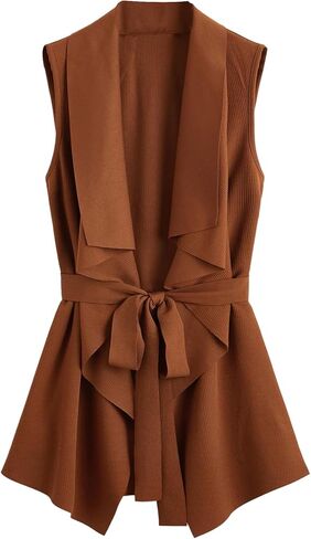 WDIRARA Women's Knit Sleeveless Blazer Vest with Belt Long Draped Collar Vest Jackets Classic Elegant Work in Saudi Arabia