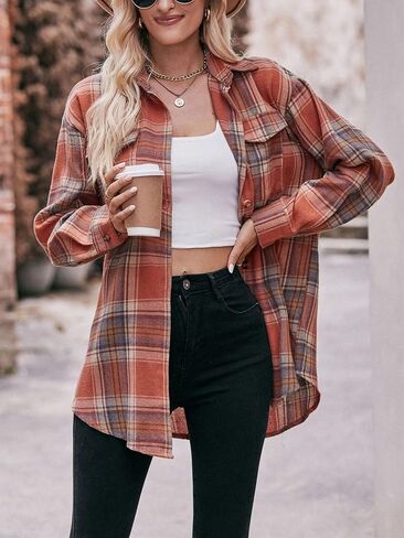 Womens Button Down Shirts Long Sleeve Lapel Collar Plaid Top Business Work Casual Loose Coats in Saudi Arabia
