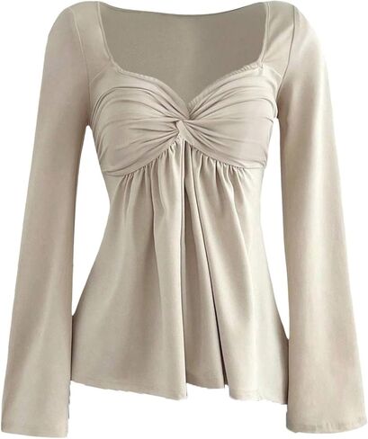 Milumia Women's Twist Front Long Sleeve Blouse Ruched T Shirt Sweetheart Neck Ruffle Peplum Tops in Saudi Arabia