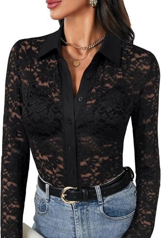 Rooscier Women's Floral Lace Sheer Collar Neck Button Down Long Sleeve Blouse Top Without Bra in Saudi Arabia
