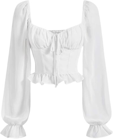 WDIRARA Women's Tie Front Ruched Ruffle Blouse Sweetheart Neck Lantern Long Sleeve Shirts in Saudi Arabia
