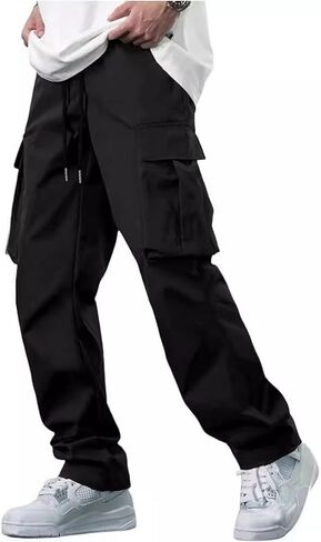 Men's Cargo Pants with Drawstring Waist, Casual Pants Multi - Pocket Loose Fit Design Casual Trousers in Saudi Arabia