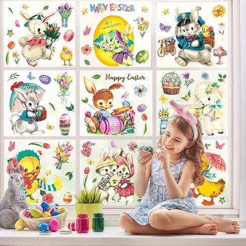 9 Sheets Vintage Easter Animal Window Cling Stickers Retro Watercolor Bunny Rabbit Chick Lamb Reusable Window Decals for Spring Party Home Classroom Decoration in Saudi Arabia