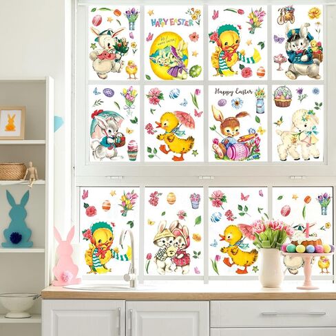 9 Sheets Vintage Easter Animal Window Cling Stickers Retro Watercolor Bunny Rabbit Chick Lamb Reusable Window Decals for Spring Party Home Classroom Decoration in Saudi Arabia