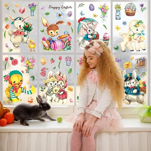 9 Sheets Vintage Easter Animal Window Cling Stickers Retro Watercolor Bunny Rabbit Chick Lamb Reusable Window Decals for Spring Party Home Classroom Decoration in Saudi Arabia