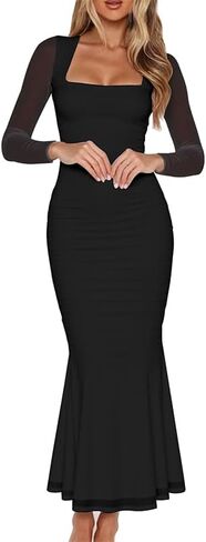 Women's Ruched Bodycon Long Sleeve Maxi Dress Mesh Square Neck Cocktail Party Long Dresses in Saudi Arabia