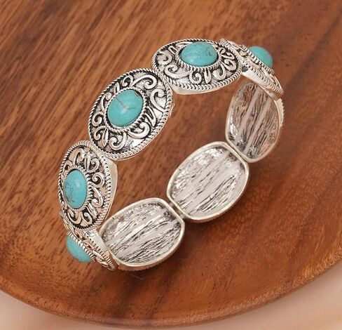 Turquoise Stretch Bracelets Boho Natural Stone Bangle Bracelet Adjustable Carved Wrist Bracelet in Saudi Arabia