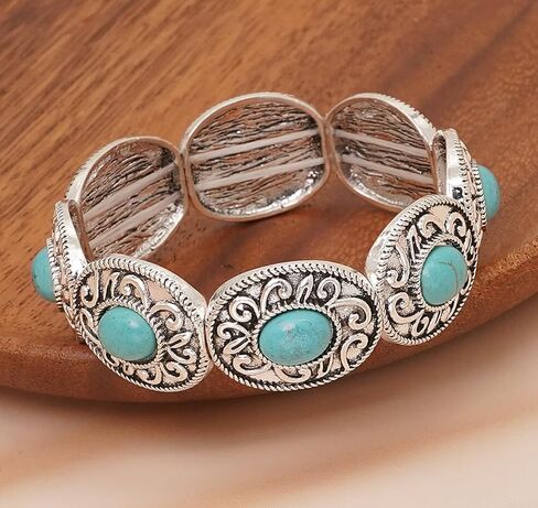 Turquoise Stretch Bracelets Boho Natural Stone Bangle Bracelet Adjustable Carved Wrist Bracelet in Saudi Arabia