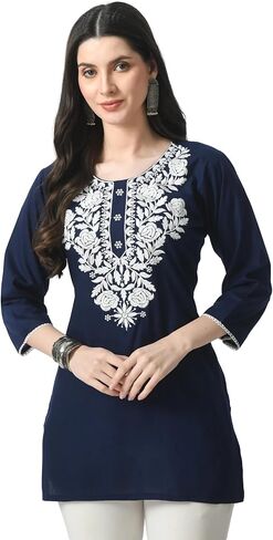 Kurti for Women - Short Chikankari Kurtis for Girls, Lakhnawi Tunic Top Kurta Design for Ladies, Woman Ethnic Kurthi in Saudi Arabia