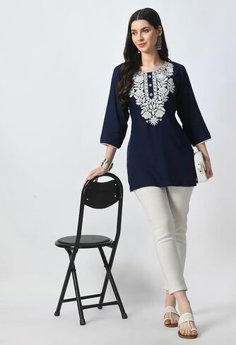Kurti for Women - Short Chikankari Kurtis for Girls, Lakhnawi Tunic Top Kurta Design for Ladies, Woman Ethnic Kurthi in Saudi Arabia