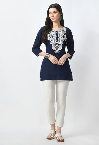 Kurti for Women - Short Chikankari Kurtis for Girls, Lakhnawi Tunic Top Kurta Design for Ladies, Woman Ethnic Kurthi in Saudi Arabia