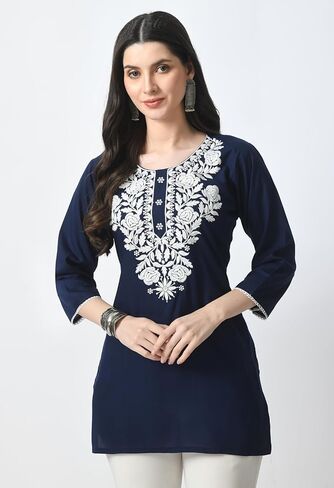 Kurti for Women - Short Chikankari Kurtis for Girls, Lakhnawi Tunic Top Kurta Design for Ladies, Woman Ethnic Kurthi in Saudi Arabia