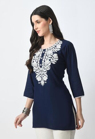 Kurti for Women - Short Chikankari Kurtis for Girls, Lakhnawi Tunic Top Kurta Design for Ladies, Woman Ethnic Kurthi in Saudi Arabia