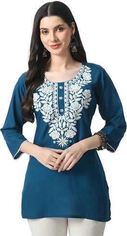 Kurti for Women - Short Chikankari Kurtis for Girls, Lakhnawi Tunic Top Kurta Design for Ladies, Woman Ethnic Kurthi in Saudi Arabia
