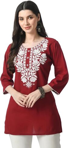 Kurti for Women - Short Chikankari Kurtis for Girls, Lakhnawi Tunic Top Kurta Design for Ladies, Woman Ethnic Kurthi in Saudi Arabia