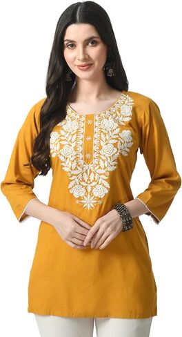 Kurti for Women - Short Chikankari Kurtis for Girls, Lakhnawi Tunic Top Kurta Design for Ladies, Woman Ethnic Kurthi in Saudi Arabia