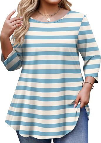 Womens Shirts Crew Neck 3/4 Length Sleeve Womens Tops Plus Size Tunic Loose Fit Casual T-Shirt Blouses in Saudi Arabia