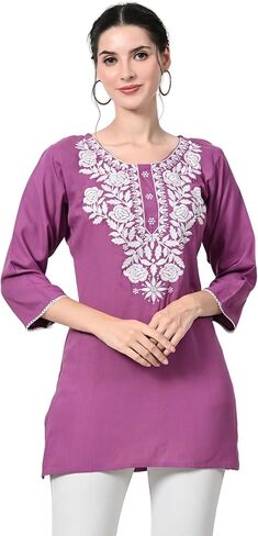 Kurti for Women - Short Chikankari Kurtis for Girls, Lakhnawi Tunic Top Kurta Design for Ladies, Woman Ethnic Kurthi in Saudi Arabia