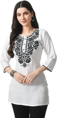Kurti for Women - Short Chikankari Kurtis for Girls, Lakhnawi Tunic Top Kurta Design for Ladies, Woman Ethnic Kurthi in Saudi Arabia