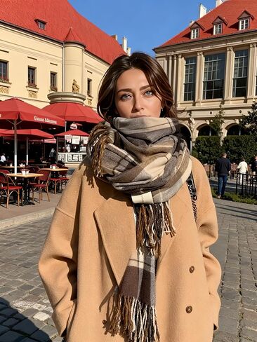 Women Plaid Blanket Scarf, Retro Checkered Tassel Shawl Wrap, Korean Fall Winter Neck Warmer for Students, Campus Trips in Saudi Arabia
