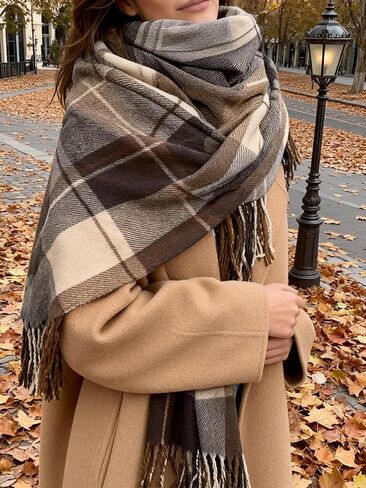Women Plaid Blanket Scarf, Retro Checkered Tassel Shawl Wrap, Korean Fall Winter Neck Warmer for Students, Campus Trips in Saudi Arabia
