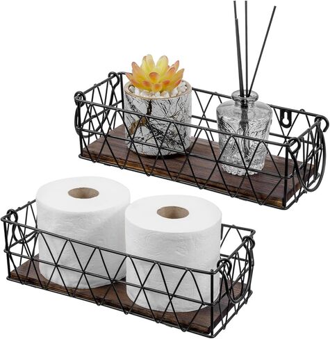 MyGift 13 and 12 Inch Nesting Storage Baskets with Handles, Wall Mounted or Tabletop White Metal Wire and Premium Acacia Wood Decorative Shelf Organizer Bins, 2 Piece Set in Saudi Arabia