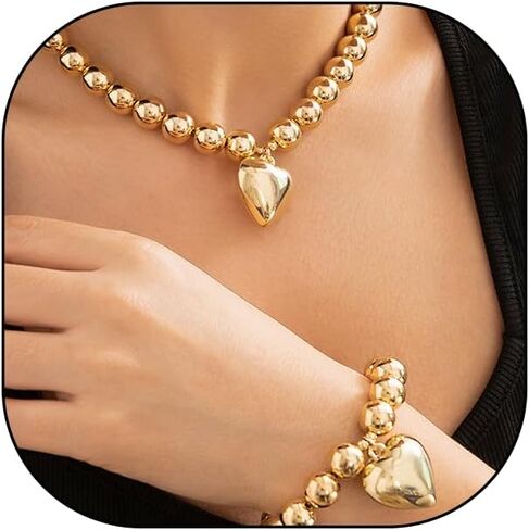 Rrdaily Chunky Gold Heart Pearl Choker Necklace Bracelet Set for Women,Big Love Pendant Adjustable Pearl Chain Statement Necklace Jewelry Gift in Saudi Arabia