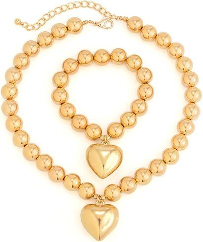 Rrdaily Chunky Gold Heart Pearl Choker Necklace Bracelet Set for Women,Big Love Pendant Adjustable Pearl Chain Statement Necklace Jewelry Gift in Saudi Arabia