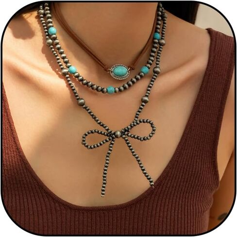 Navajo Pearl Necklace for Women Boho Turquoise Beaded Chain Long Layered Choker Bow Pendant Statement Vintage Country Concert Cowgirl Accessories Gifts in Saudi Arabia
