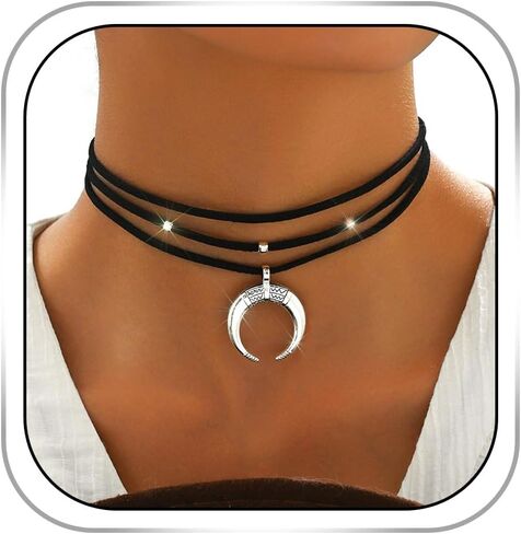 Boho Choker Necklace for Women Moon Pendant Necklace Black Layered Necklace Western Neck Jewelry in Saudi Arabia