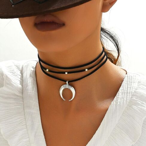 Boho Choker Necklace for Women Moon Pendant Necklace Black Layered Necklace Western Neck Jewelry in Saudi Arabia