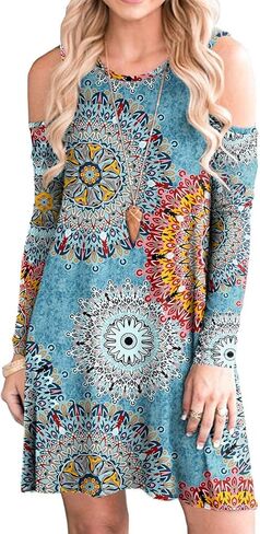 فستان PCEAIIHWomen's الشتاء الأساسي القطني بأكمام طويلة وجيوب فضفاض كاجوال بطبعة زهور (8 كم طويل مزيج أزرق، كبير) in Kuwait