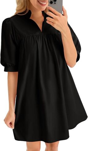 Cicy Bell Womens V Neck Babydoll Mini Dress Short Puff Sleeve Summer Casual Swing Dresses with Pockets in Saudi Arabia