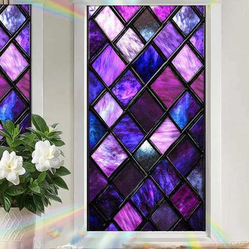Nuxovilar Gothic Window Film, Purple Glass Window Privacy Film 17.5×39.3 Inch Lattice Cling Decorative, Purple Abstraction Gothic Windows Cling for Windows Bathroom Home in Saudi Arabia