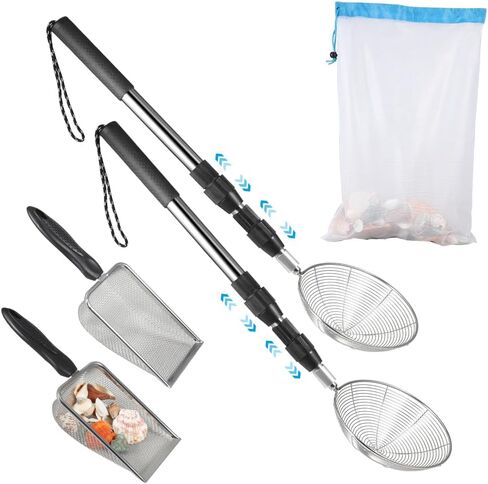 Beach Sand Sifter, 2 Beach Sifting Sand Telescoping Pole Sets with Scoops, Baskets, Mesh Bag, for Kids Picking Up Shells Shovels Shark Teeth in Saudi Arabia