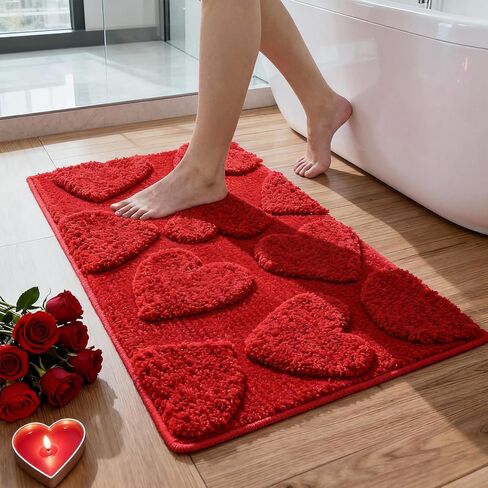 Lyrow Red Valentine Bathroom Rugs Decorations 3D Heart Bathroom Rugs Valentine's Day Non Slip Door Mat for Front Door Outdoor Home Decor, 29 x 17 Inches in Saudi Arabia