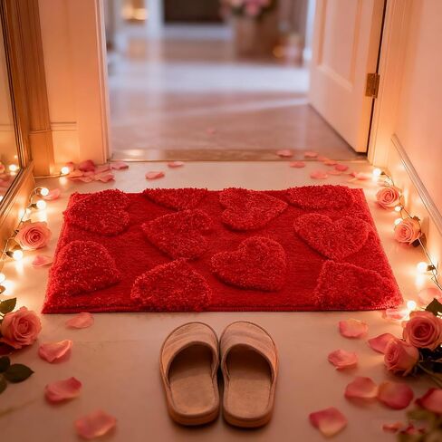 Lyrow Red Valentine Bathroom Rugs Decorations 3D Heart Bathroom Rugs Valentine's Day Non Slip Door Mat for Front Door Outdoor Home Decor, 29 x 17 Inches in Saudi Arabia