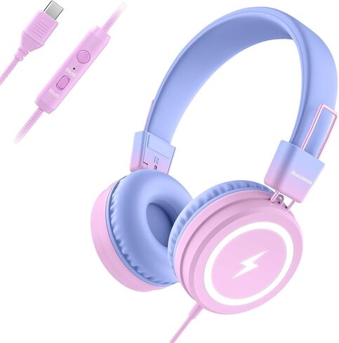 Bywulanda Kids Headphones with LED Lights for School, Upgrade USB Type C Kid Headphone with Microphone, Volume Limiter 85/94dB, Wired On Ear Headphones for Boys/Girls/Tablet/Travel -Blue in Kuwait