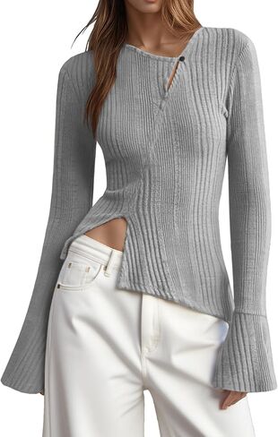 Bell Sleeve Tops for Women, Fall Sweater Stylish Diagonal Buttons Flared Sleeves Side Slit Slim Fit Pullover in Kuwait