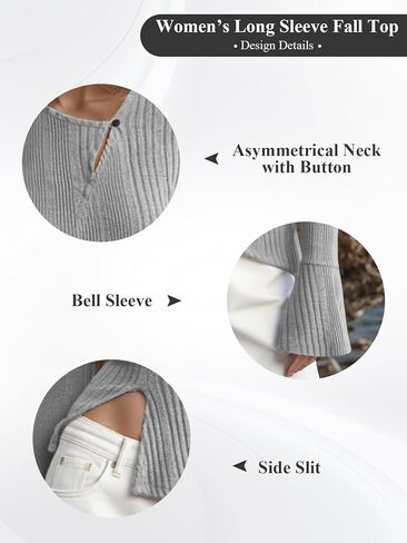 Bell Sleeve Tops for Women, Fall Sweater Stylish Diagonal Buttons Flared Sleeves Side Slit Slim Fit Pullover in Kuwait