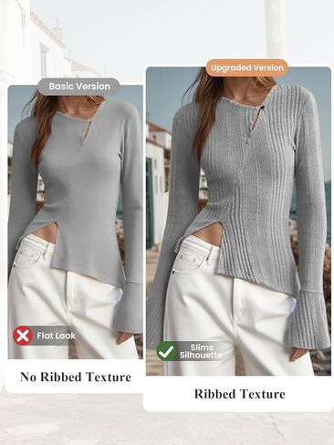 Bell Sleeve Tops for Women, Fall Sweater Stylish Diagonal Buttons Flared Sleeves Side Slit Slim Fit Pullover in Kuwait