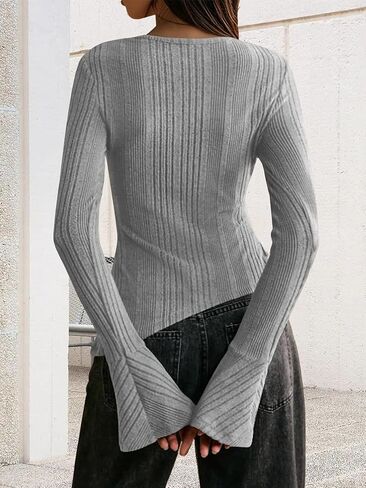 Bell Sleeve Tops for Women, Fall Sweater Stylish Diagonal Buttons Flared Sleeves Side Slit Slim Fit Pullover in Kuwait