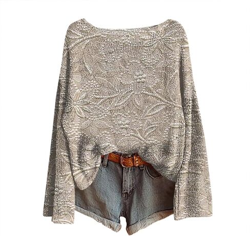 بوهو بلايز للنساء كم طويل Crewneck متماسكة البلوزات عادية فضفاضة تناسب البلوز القمم العرقية الرسم Vintage الملابس in Saudi Arabia