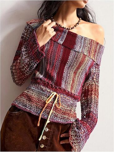 WDIRARA Women's Crochet Off The Shoulder Sweater Striped Hollow Out Long Bell Sleeve Pullover Knit Tops in Saudi Arabia