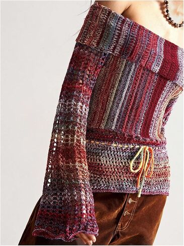 WDIRARA Women's Crochet Off The Shoulder Sweater Striped Hollow Out Long Bell Sleeve Pullover Knit Tops in Saudi Arabia